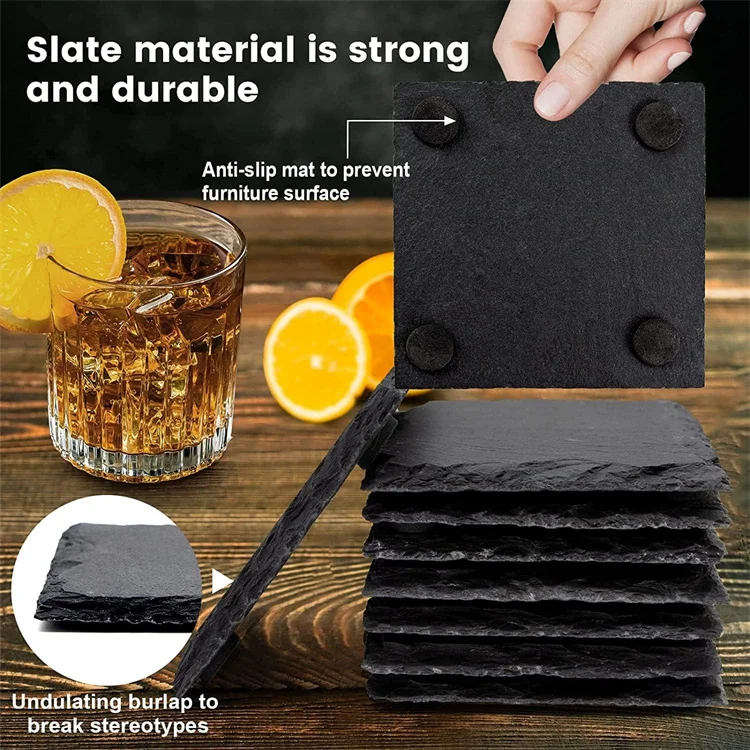 Slate Coasters Bulk Round Black Absorbent Square Blank Wholesale Beer Cup Stone Coffee Custom Drink Slate Coasters With Holder