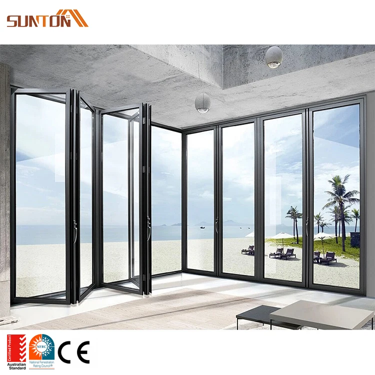 External Metal Aluminium Partition Folding Door Exterior Patio French Aluminum Alloy Glass Bi-folding Doors with Grill Design