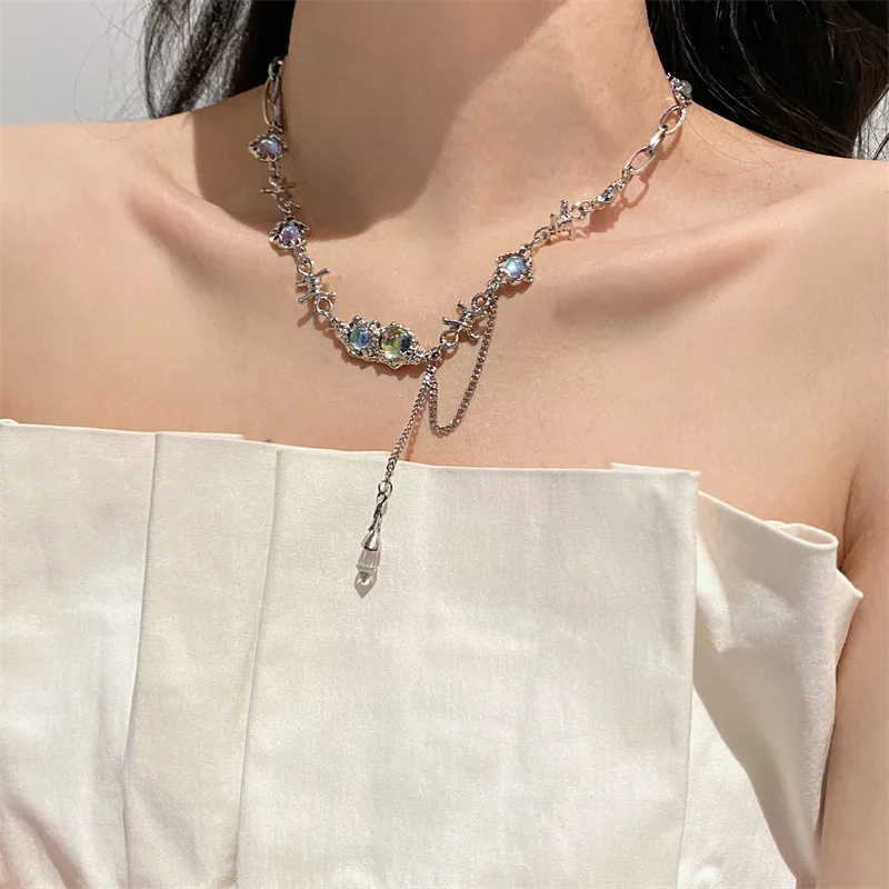 Korean Trendy Designer Sliver Plated Irregular Fold Chain Moonstone Crystal Tassel Necklace Jewelry for Women