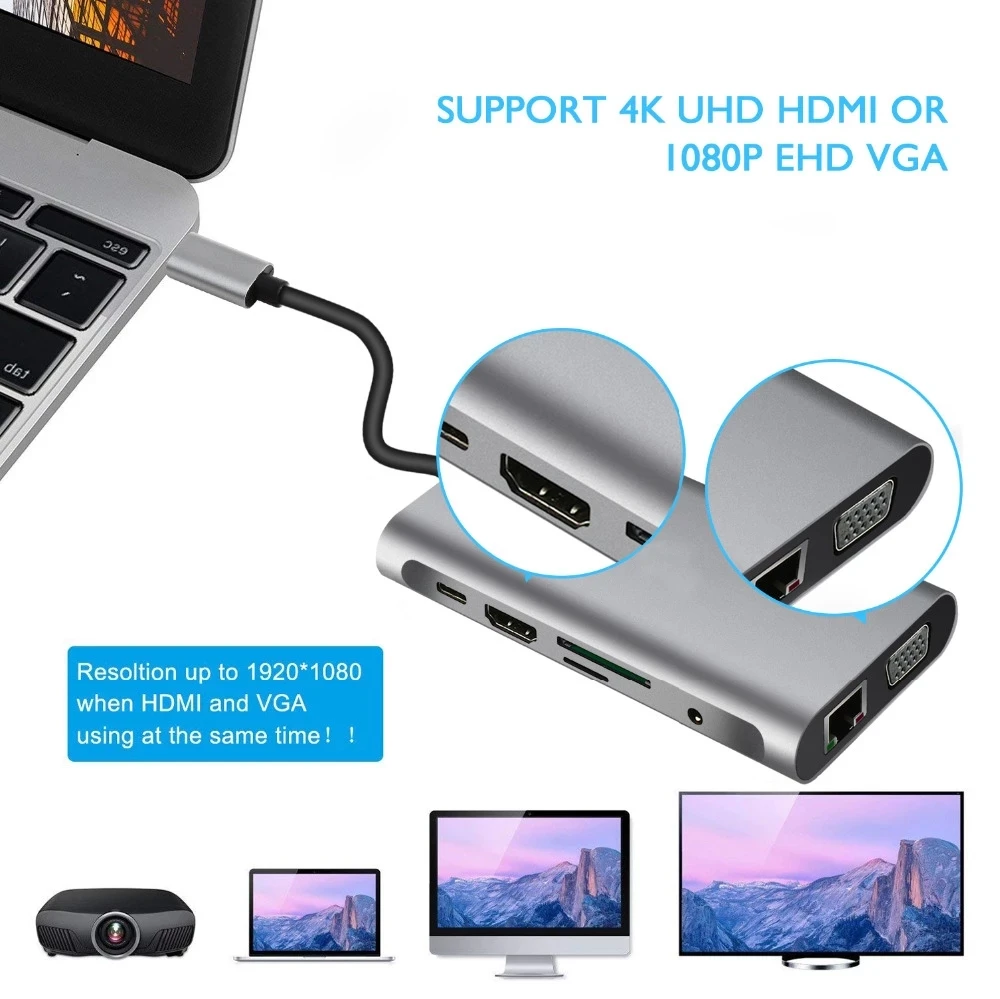 10 in 1 Hub Type C to HD-MI VGA Adapter RJ45 Lan Ethernet SD TF PD USB3.0 3.5mm Jack Audio Video USB c Hub Computer Accessories