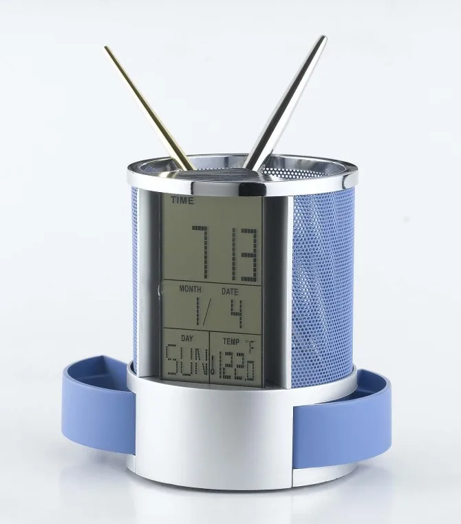Factory wholesale custom table clock with pen holder pen holder with digital clock pen holder with clock and thermometer
