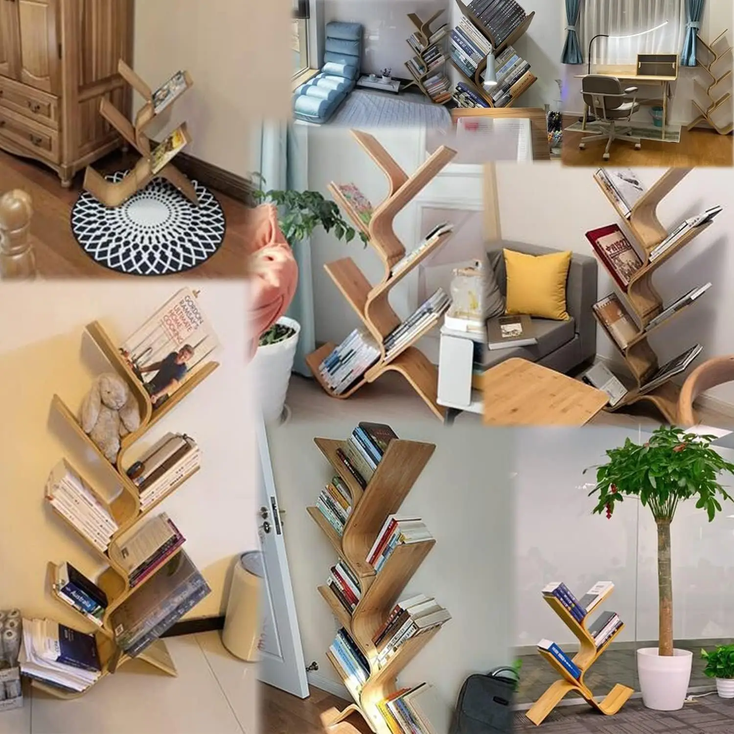 Creative Curved Standing Bookcase Rack Book Storage Organizer Shelves Natural 6-Tier Bamboo Tree Modern Bookshelf