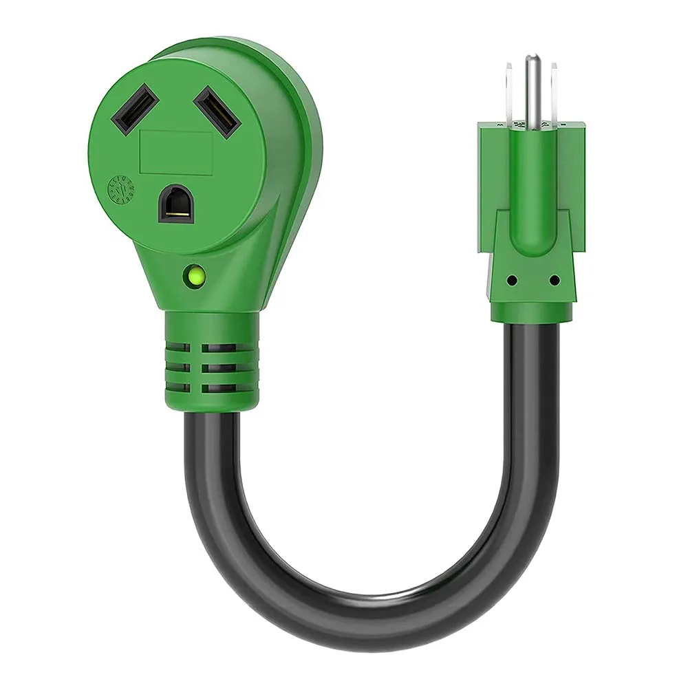 J495 30 Amp to 110 Volt RV Adapter Cord 12 Inch NEMA 5-15P to NEMA TT-30R Electrical Power Adapter with LED Power Indicator