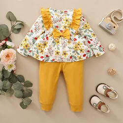 22009179 branded fall dropship reseller soft shell baby care set ruffles bow toddler girl 2 piece set floral printed baby outfit