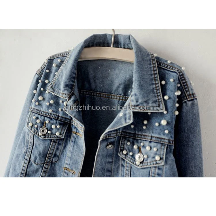 Autumn Street Wear Custom ODM Blue Jean Outdoor Motorcycle Jacket Women Beaded Denim Jacket