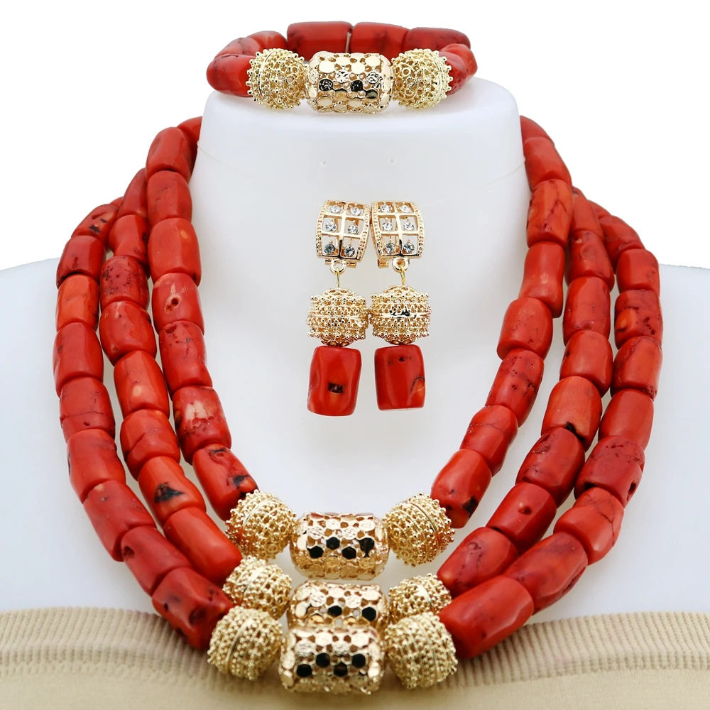 Yulaili African Bridal Coral Beads Exclusive Real Coral Pendant Jewelry Set  Copper Gold Accessory Jewelry Sets YL3118