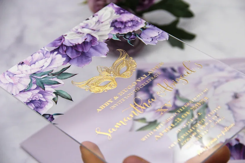 Luxury Gold Masked Ball Styles Sweet 16 Invite Quinceanera Acrylic Invitation With Purple Flowers Printing