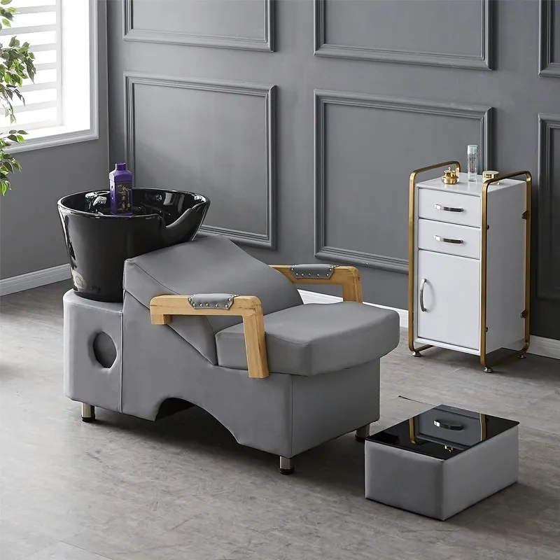 Black Basin Hair Salon Shampoo Chairs Wooden Handrail Spa Chair Salon Furniture Set