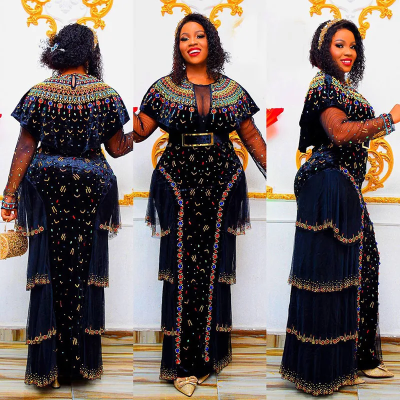 2022 New Arrival Rhinestone Evening Party Dresses Fashion O Neck African Dresses For Women Velvet Stretch Maxi Dress With Belt