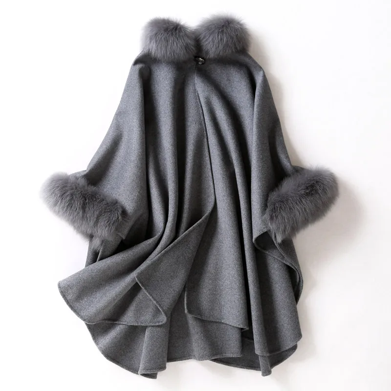CX-B-P-19C Real Fox Fur Collar 100% Wool Poncho Shawl for Women