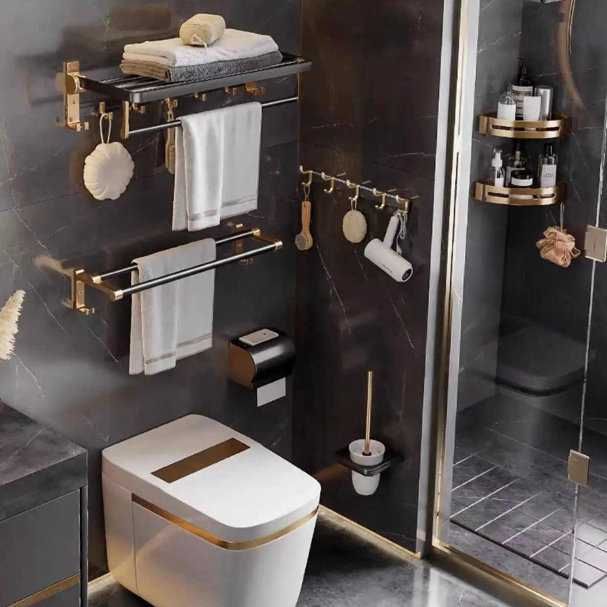 Wholesale Bathroom Accessories Black Gold Towel Rack Set Thickened Towel Rack Shelf Bathroom Pendant