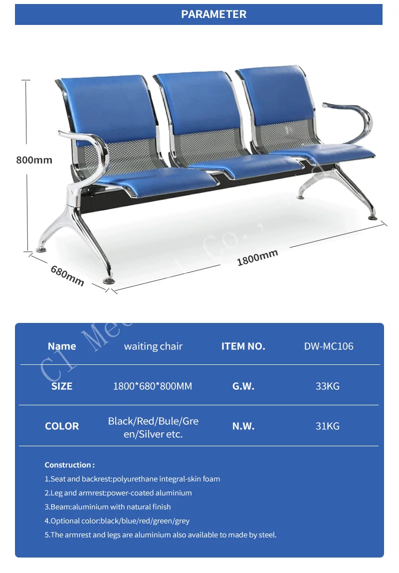 Bus Station Office Waiting Room Stainless Steel Chairs Hospital Waiting Chair