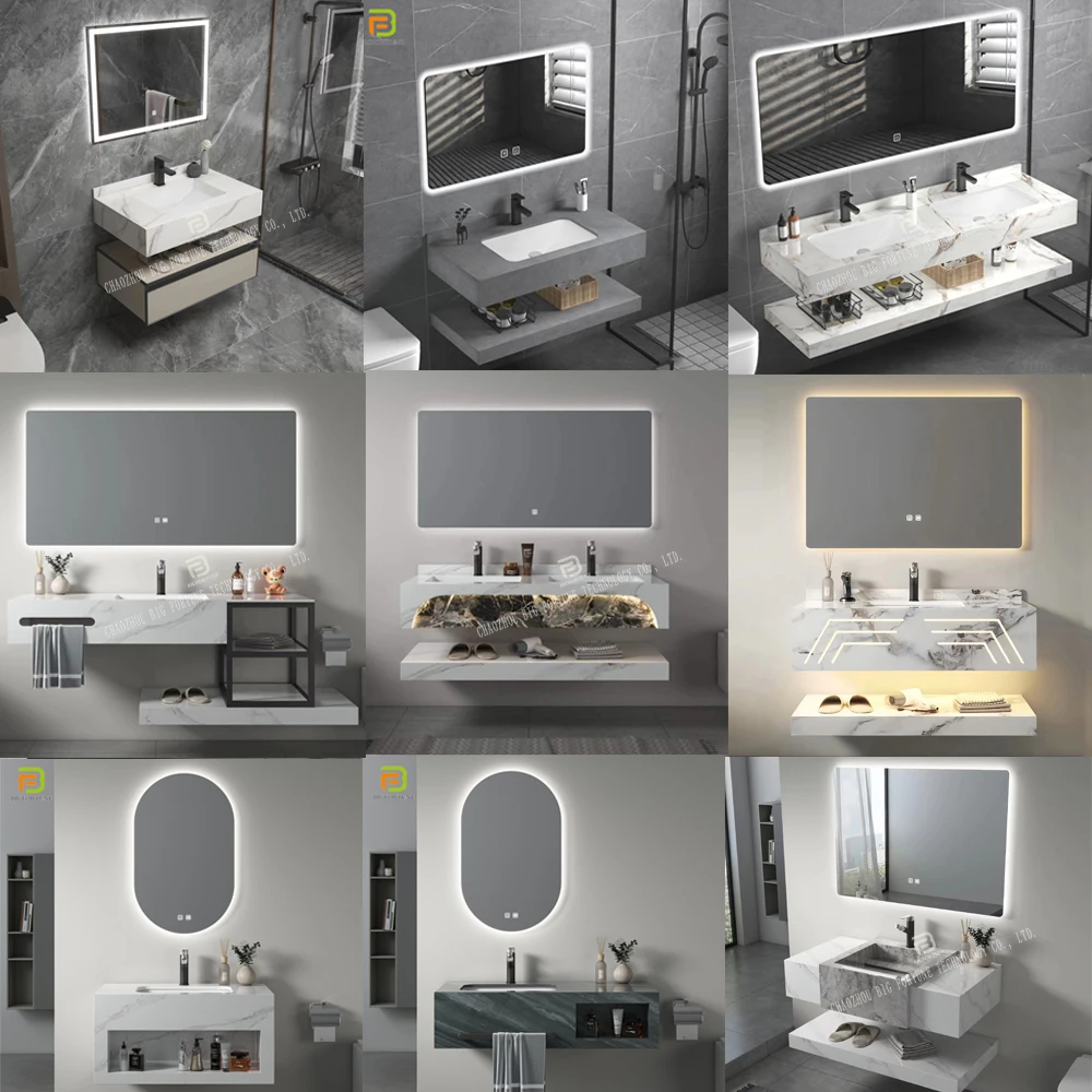 Factory sintered stone wash basin cabinet wall mounted marble top double sink bathroom vanity with mirror