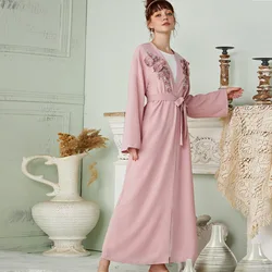Mid East New Design Diamond Open Kimono Abaya For Muslim Girls Caftan Belt Long Sleeve Handmade 3d Floral Maxi Islamic Abaya