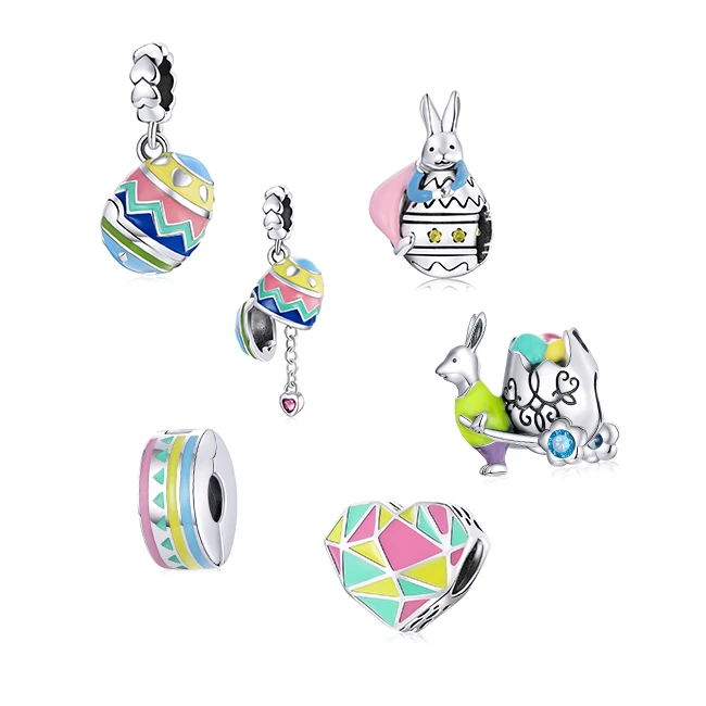 100% 925 Sterling Silver Enamel Charms Animal Charms Easter Rabbit Egg Beads Fit for Original Bracelet Necklaces DIY Jewelry