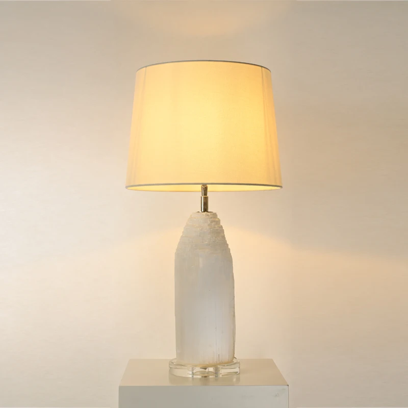Contemporary Retro Round Lampshade AC 110V 220V Natural Design Selenite Steel Crystal Table Lamp