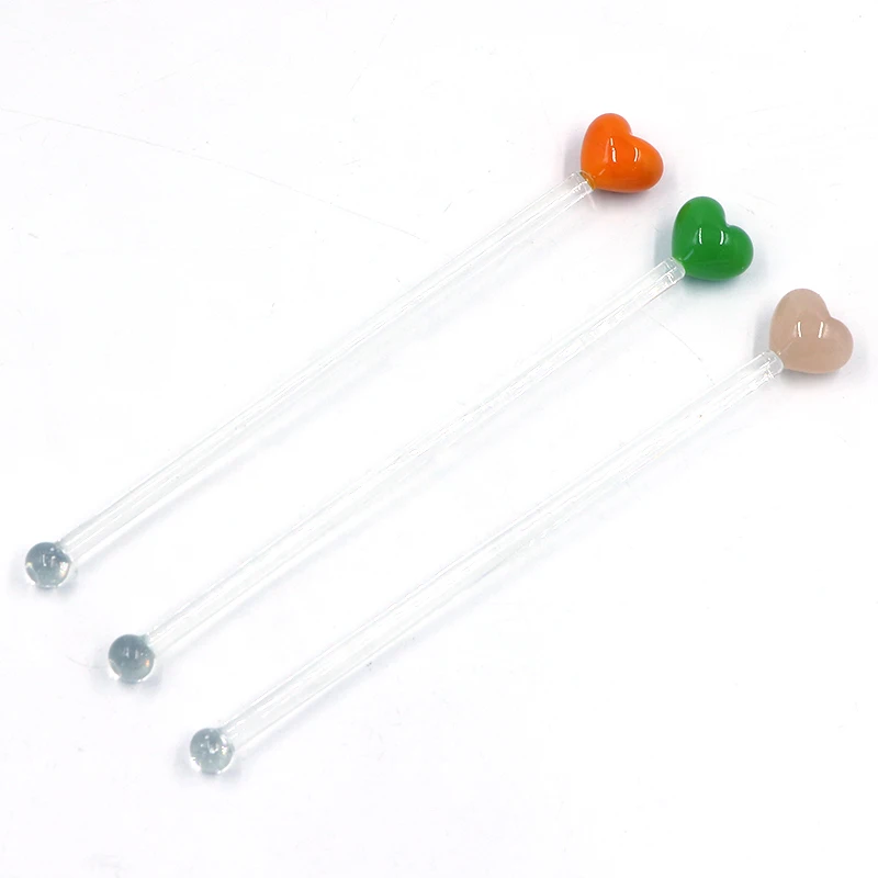 Eco Friendly Borosilicate Colorful Heart Shape Health Glass Stirring Rod Swizzle Stick Bar Tool Set