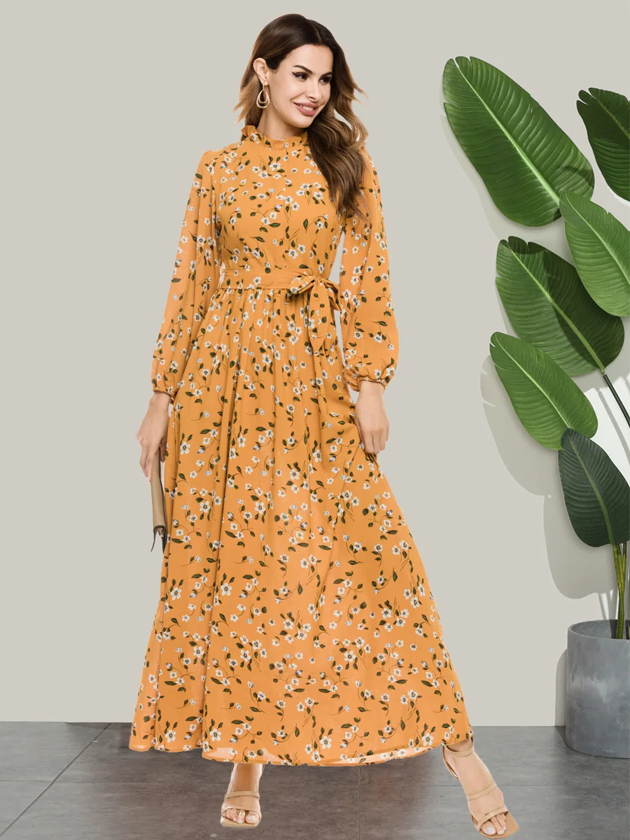 2021 Arabic Latest Design High Neck Long Sleeve Maxi Dress Dubai Fancy Printing Yellow Flower Abaya