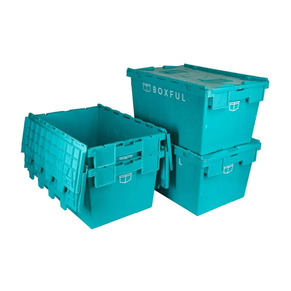 Plastic Attached Lid Container With Hinged Lid Plastic Moving Tote Boxes For Moving Company Nestable Moving Crate