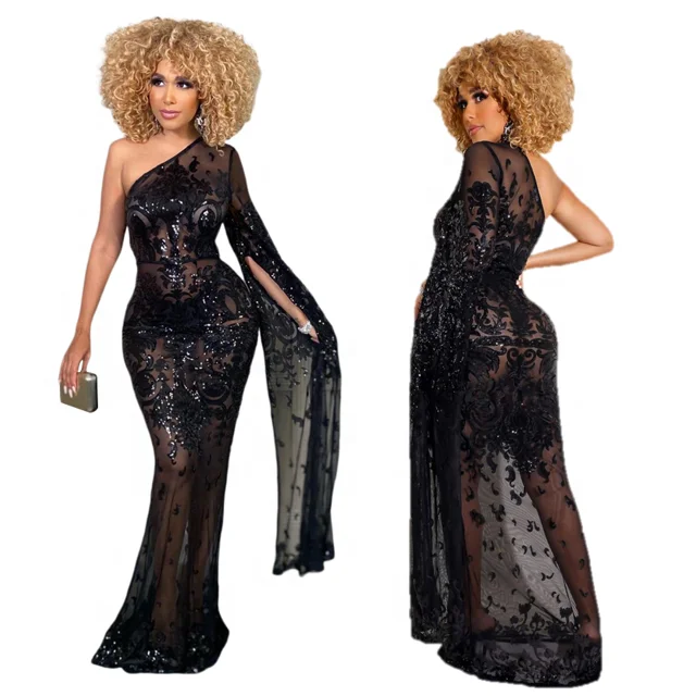 Women Party Dress One Shoulder Designer Luxury Evening Dresses  See Through Embroidery Sequin Party Night Evening Dress 3XL