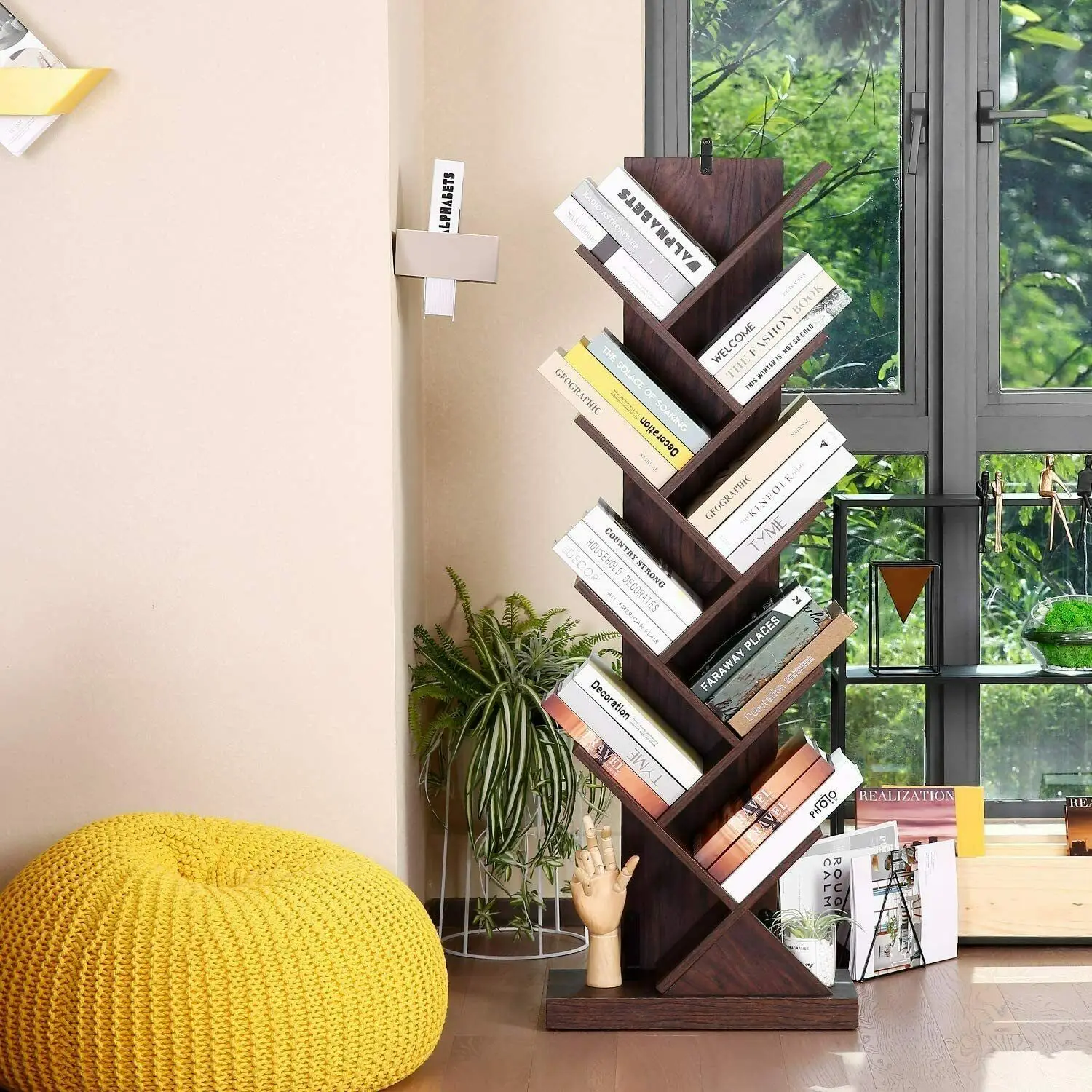 Vintage Unique Tall Toddler Storage Book Rack Diy Wall Mount Office Bookshelf Folding Rustic Wood Bookcase Book Shelf Tree Shape