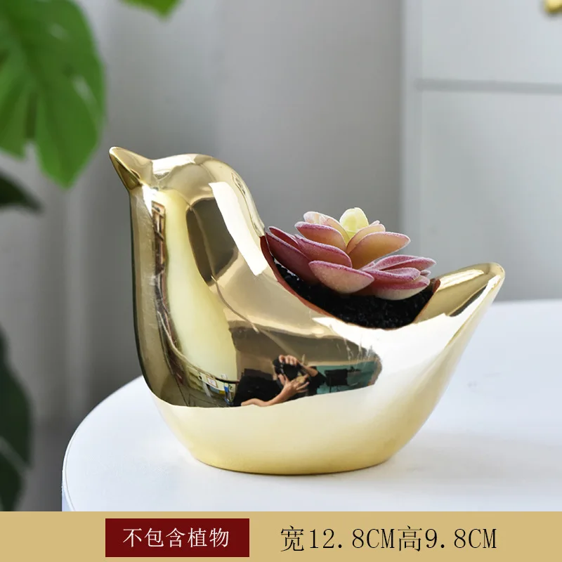 Amazon Hot sale electroplated gold ceramic cute cartoon animal bird fleshy home gardening office desk decoration pot