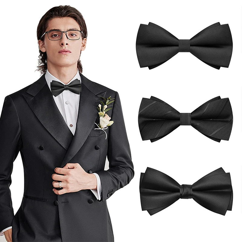 Wedding Party Business Formal Suit Accessories Metal Clips Adjustable Straps Full Black Bow Tie