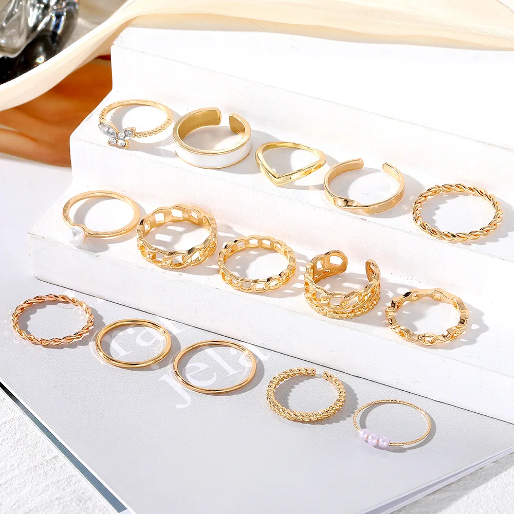 Retro inlaid pearl chain ring diamond butterfly open ring ins style ring set 15 pieces