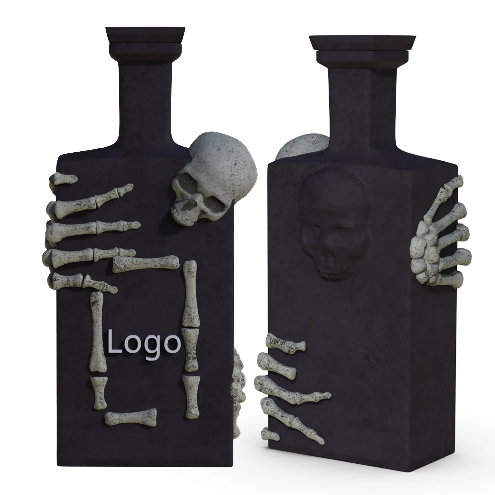 Custom logo porcelain alcohole drink whiskey tequila decanter Day of the Dead skull empty luxury matte black ceramic wine bottle