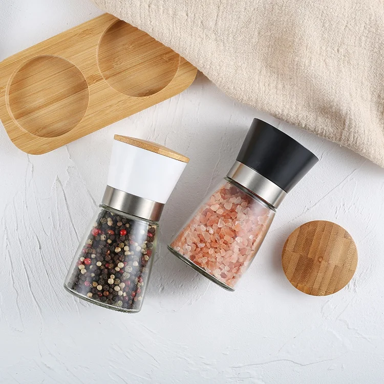 Kitchen Gadgets Ceramic grinder mechanism Burr with bamboo lid and base Salt and pepper mill set with Glass bottle