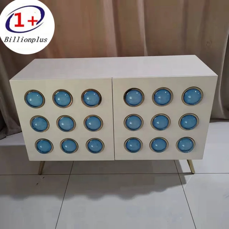 White high gloss lacquer blue acrylic ball gold legs living room side storage cabinet Jonathan adler Globo cabinet