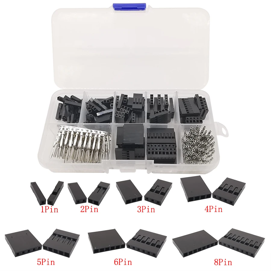 310Pcs/Set Pitch 2.54mm Male Female Crimp Terminal 1/2/3/4/5/6/8Pin Plastic Housing Pin Header DIY Kit Wire Jumper Connector