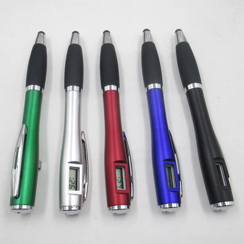 Creative design cheap plastic promotional ballpoint pen with watch, digital clock pen