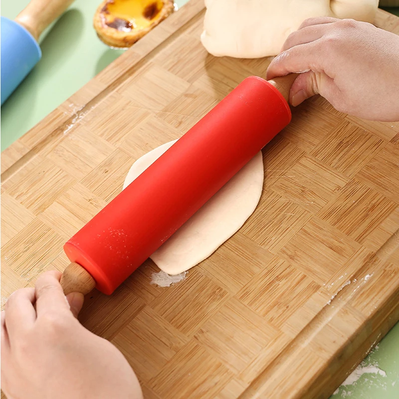 Non-Stick Wooden Handle Silicone Rolling Pin Reusable Pastry Dough Flour Roller Durable Kitchen Baking Cooking Tools Rolling Pin