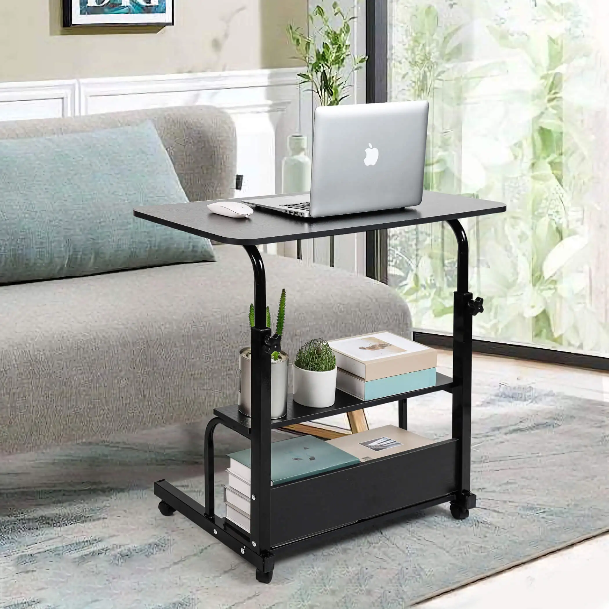 Mobile Laptop Table for Students Adjustable Height Storage Wheels for Easy Movement in Small Spaces