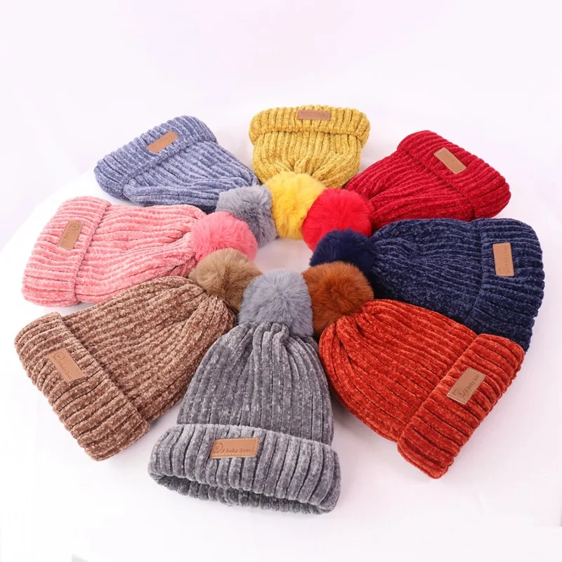 New Design winter pompom beanie hat scarf gloves 3 piece set thickened warm chenille wool hat for baby boys and girls  2-8y