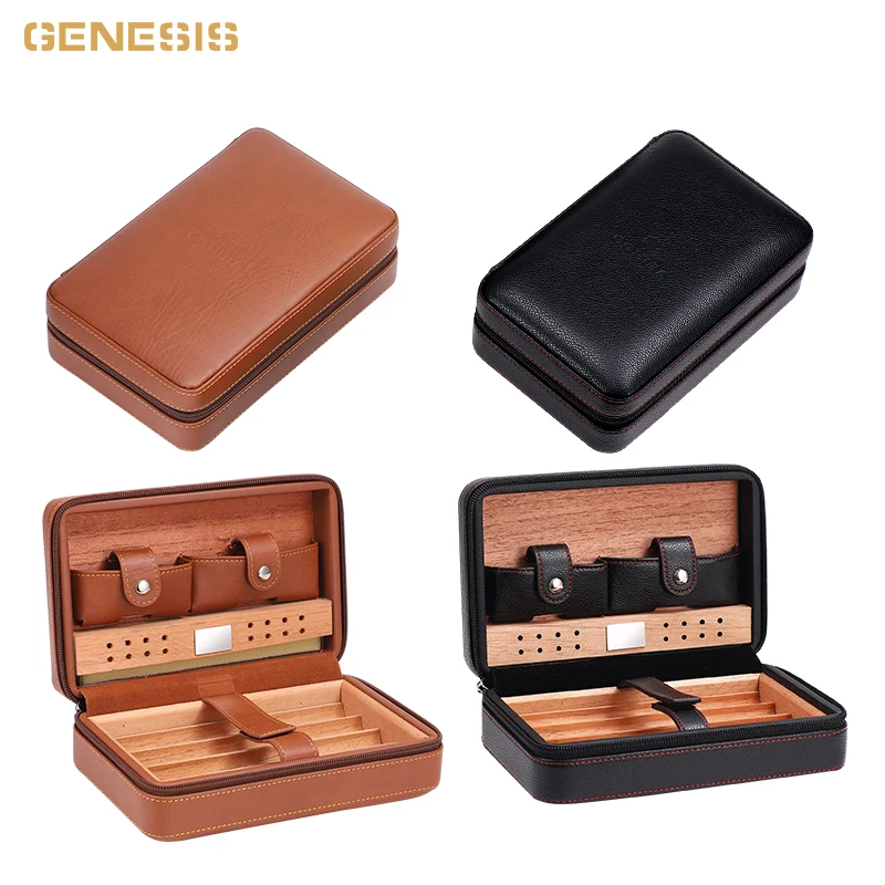 Top sale Travel Cigar Case Lighter & Cutter Set Cigarette Use Cedar Wood Luxury Fashionable Factory Portable Hand-made  Leather