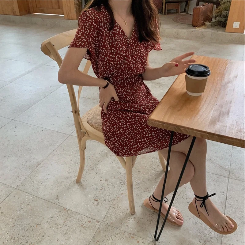 Summer hot sale Women v-neck short sleeves full lined dress Chiffon fabric dress