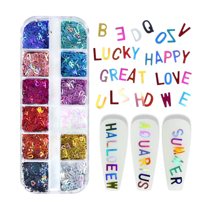 12-case laser lettering sequins laser 26-letter color nail sequins nail drop glue DIY fill accessories wholesale
