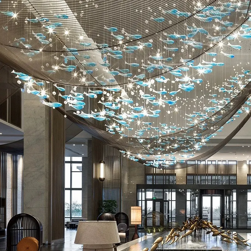 Customized interior decoration with large blue fish shaped artistic glass chandelier for hotel lobby corridors