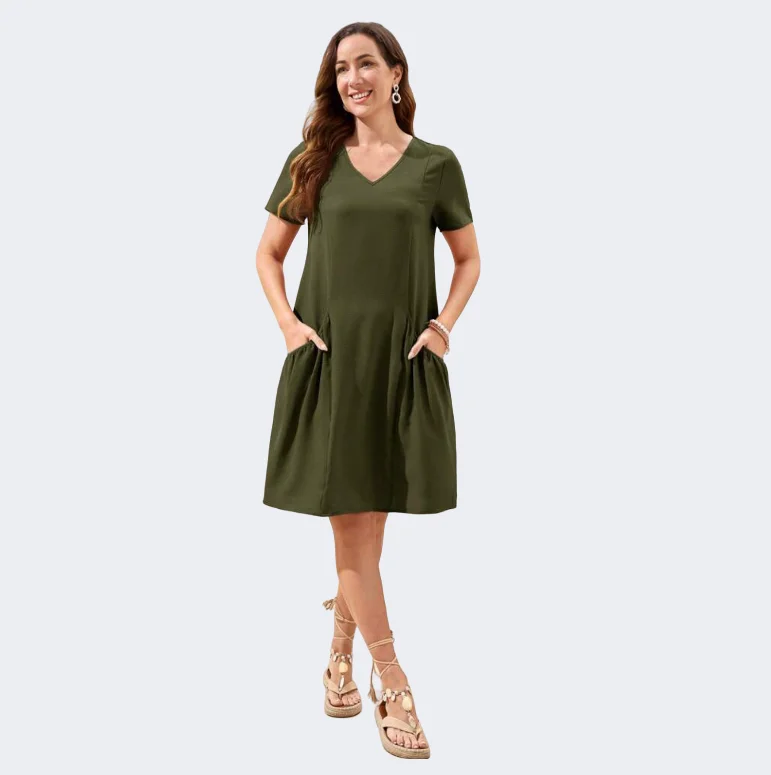 Women Dresses Elegant Knee Length Short Sleeves Plain Dual Pocket Soft Custom Summer Dresses Women
