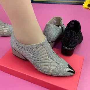 2024 new style pointy boots thick heel mom dance shoes comfortable mesh shoes breathable hot drill deep mouth single canvas
