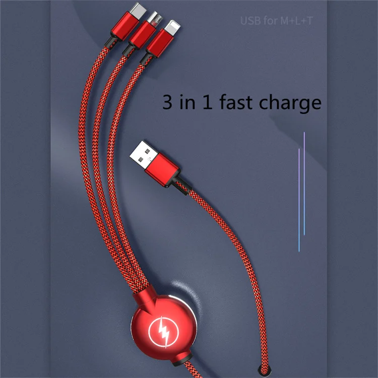 Высококачественный нейлоновый плетеный 3 в 1 USB светодиодный светильник Быстрый зарядный кабель Универсальный многофункциональный для сотового телефона