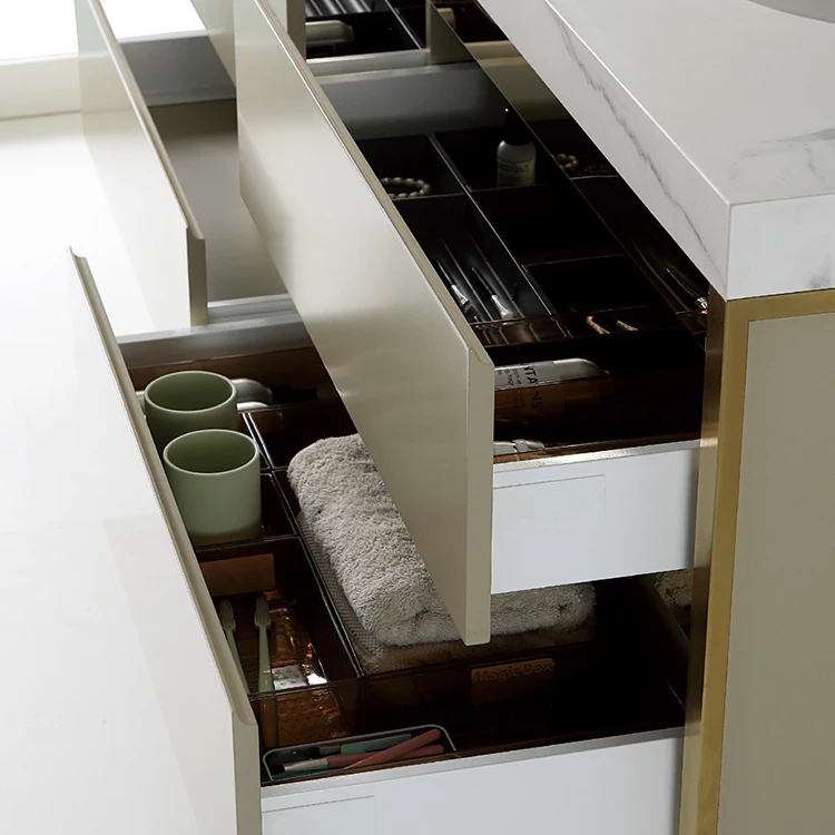 New Design Golden Metal Floor Standing Bathroom Mirror Vanity Storage Cabinet With Single Sink