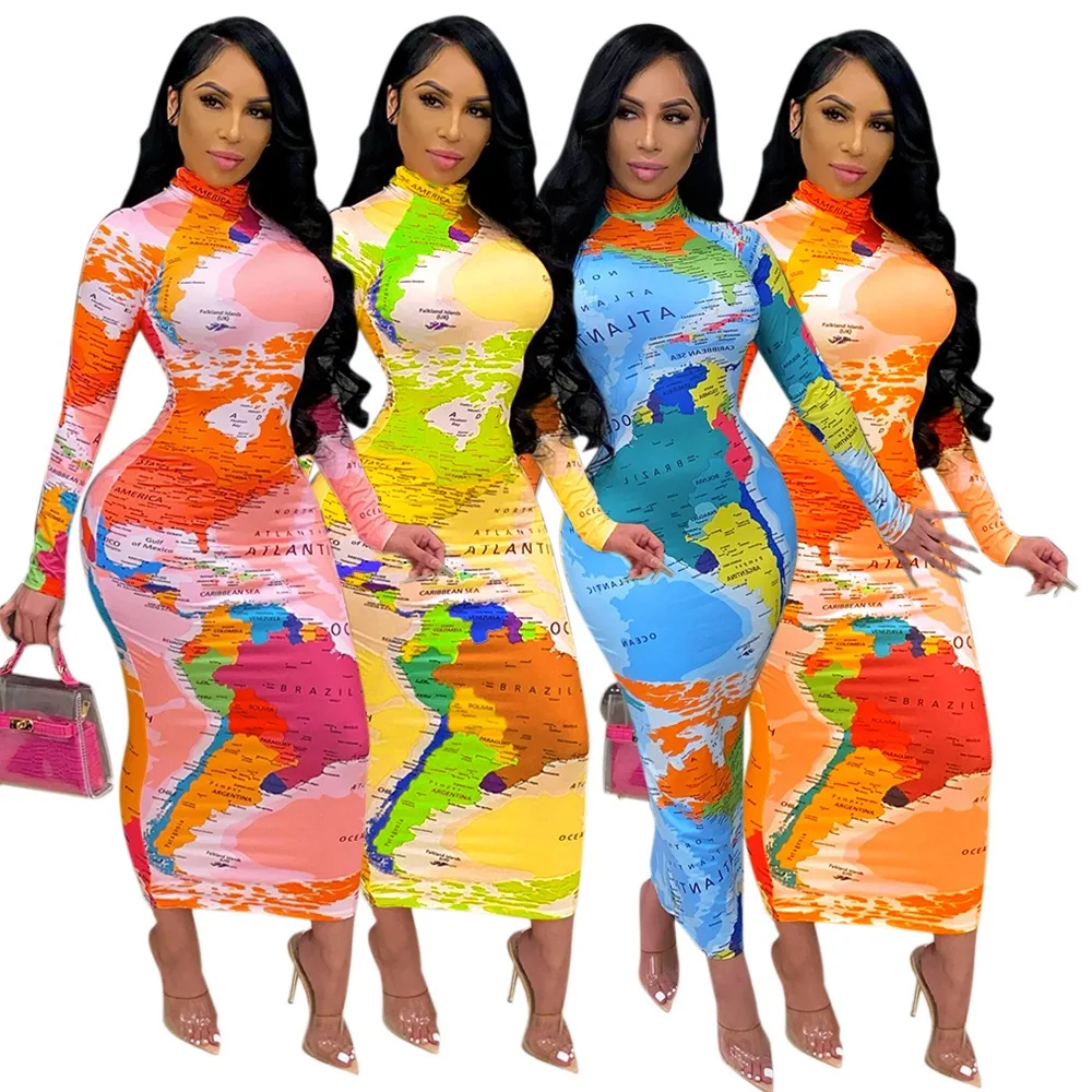 2022 new arrivals world map dress women sexy bodycon midi dress turtleneck long sleeve casual dresses