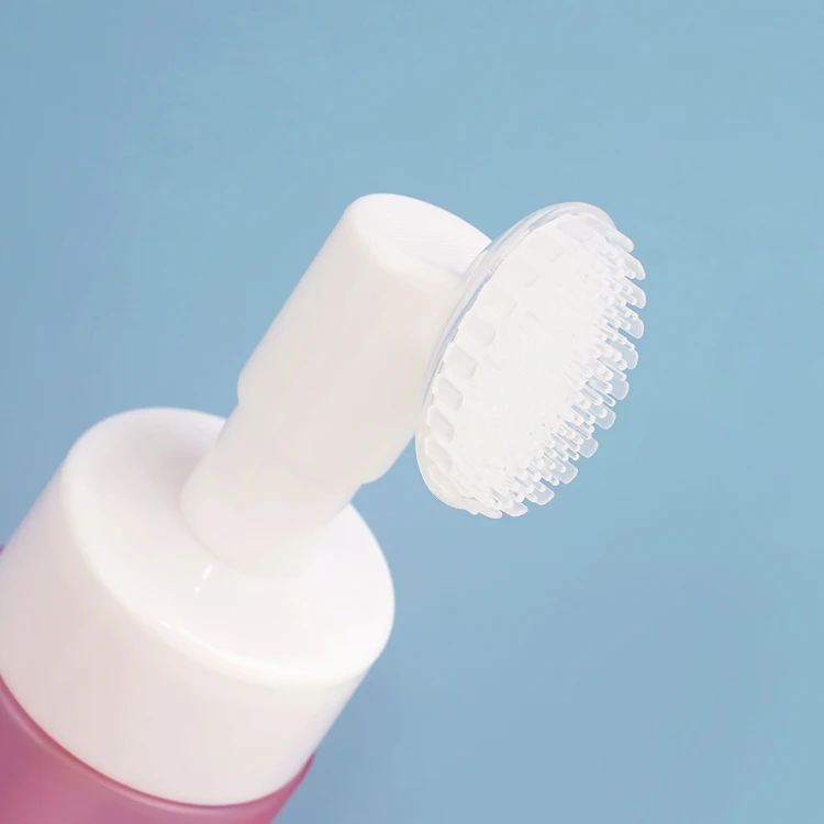 Stock Cosmetic Packaging Bottle 150ml Pink Foam Bottle With White Cleaning Massage Silicone Brush Pump