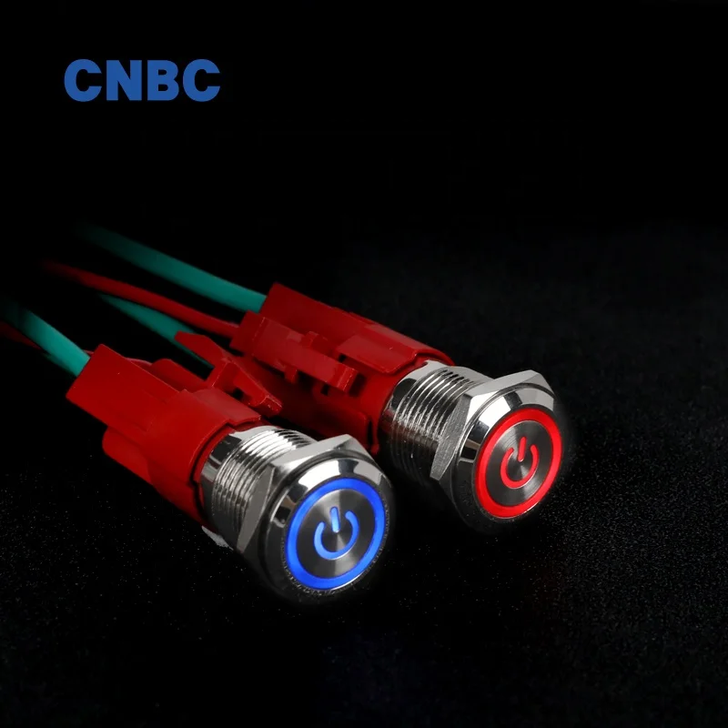 High Current 10A 16mm IP67 waterproof momentary self-locking 1NO led stainless steel metal push button switch with power symbol
