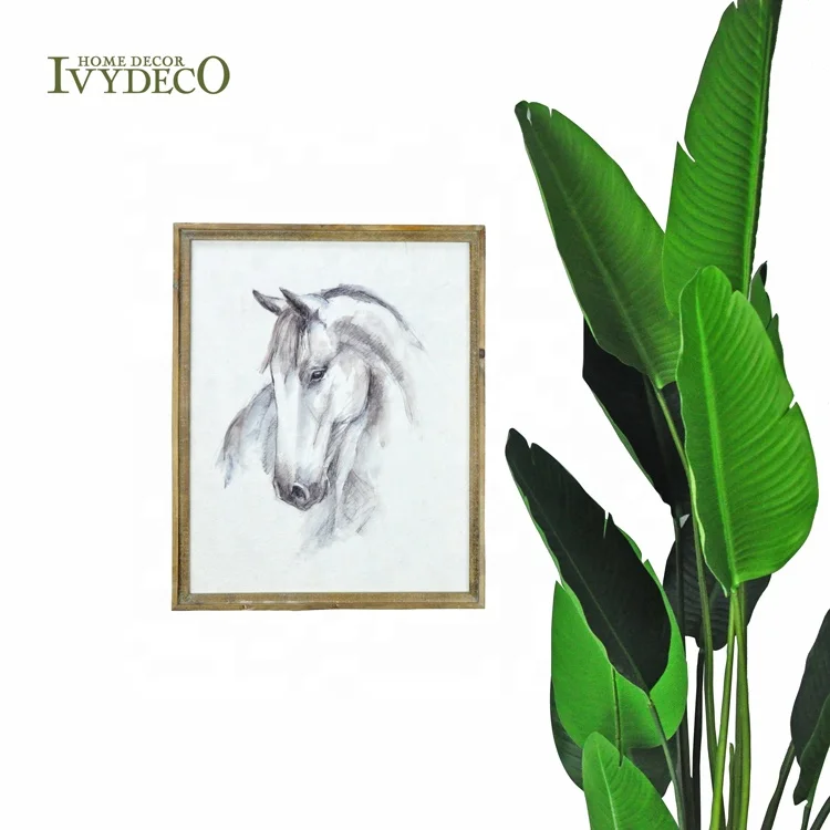 IVYDECO Modern Wooden Frame Paper Painting Wooden horse wall decor for Living room
