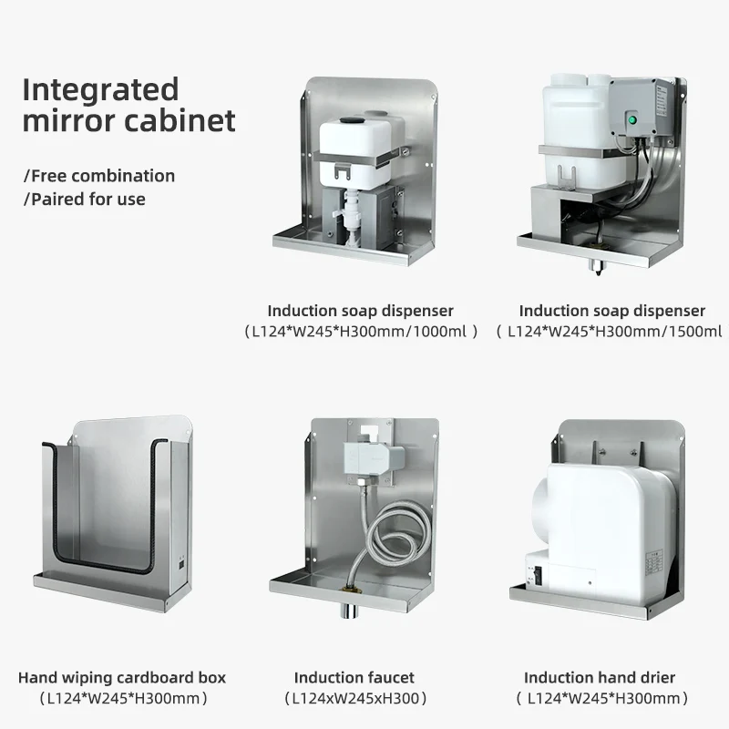 Commercial Illuminated Wall Mirror Vanity 2 Or 3 In 1 Tissue Box Hand Dryer Soap Dispenser Led Mirror Cabinet For Bathroom