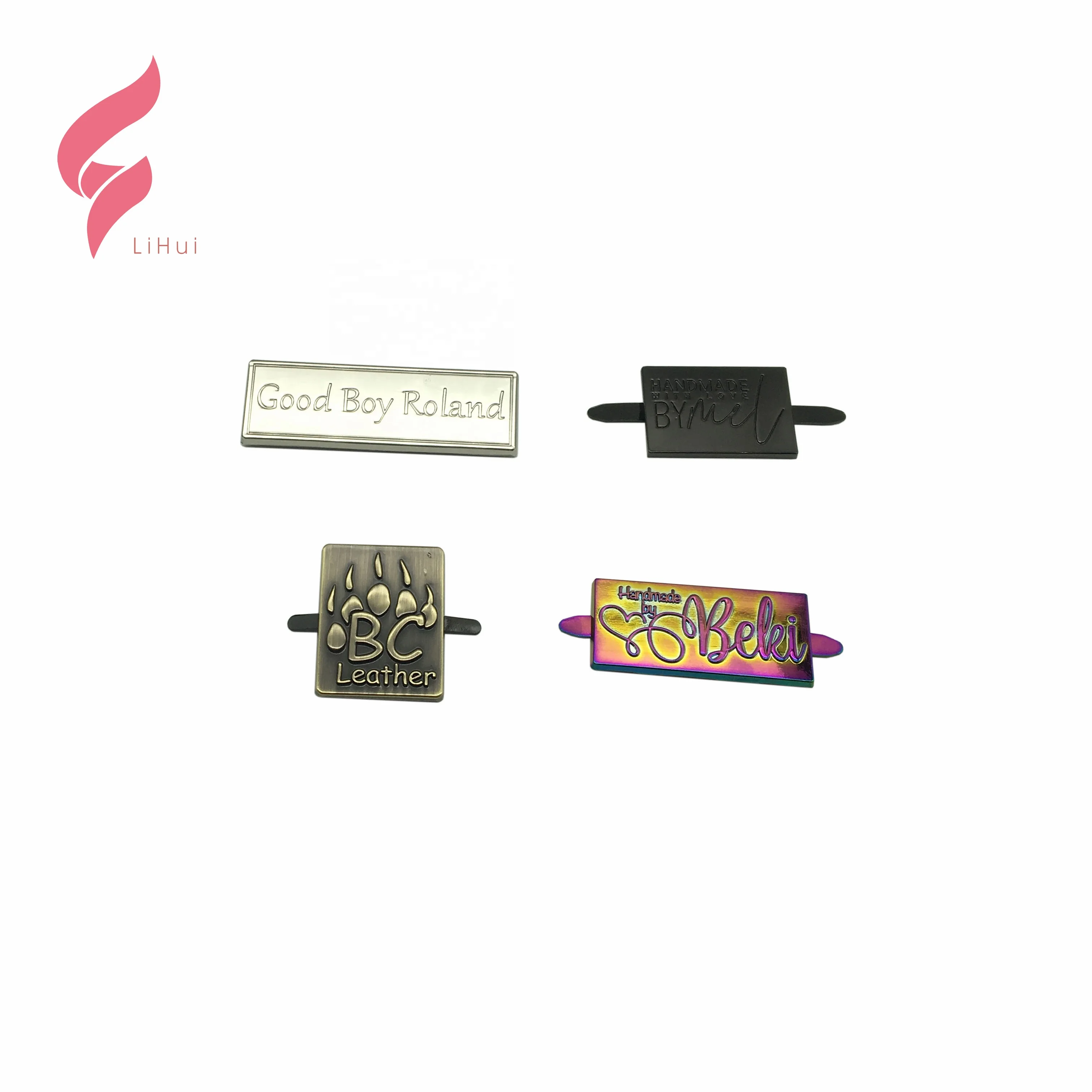 Lihui Custom Logo Raised Engraved Metal Plate Tag Label Factory Price for Clothes and Handbags Letter Pattern